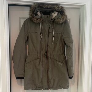 Women's Eddie Bauer Olive lined Parka with Faux Fur Hood